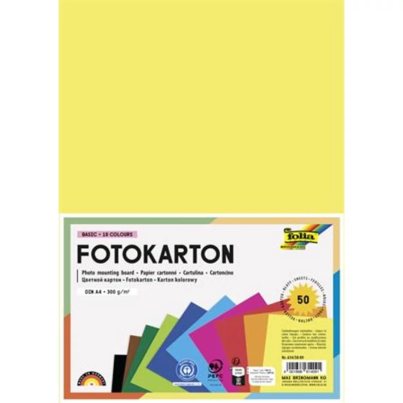 Dekorkarton, 2 oldalas, A4, 300 g, 10x5 lap, FOLIA, vegyes színek