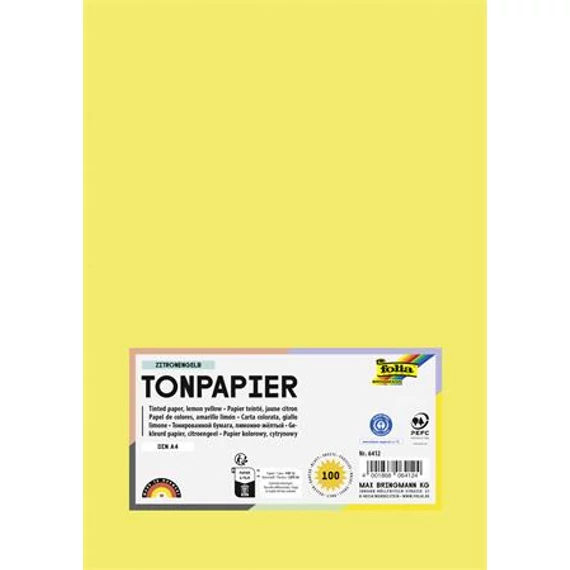 Színes papír, A4, 130 g, 100 lap, FOLIA, citromsárga