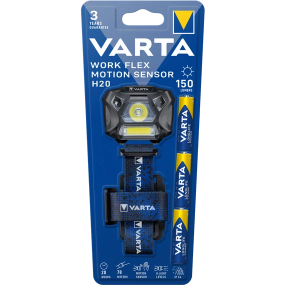 Fejlámpa, 3 LED, 3xAAA, mozgásérzékelő, VARTA " Work Flex H20"