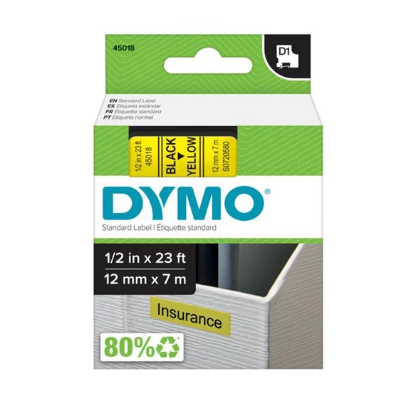 Feliratozógép szalag, 12 mm x 7 m, DYMO "D1", sárga-fekete