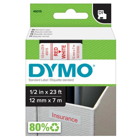 Feliratozógép szalag, 12 mm x 7 m, DYMO "D1", fehér-piros