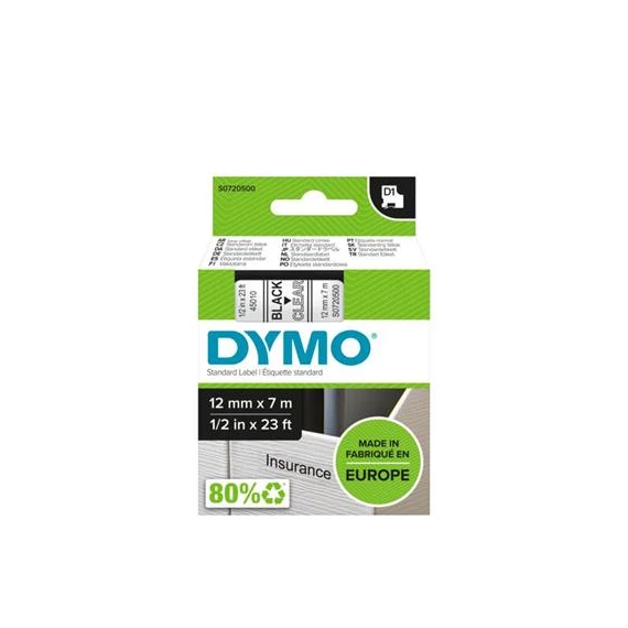 Feliratozógép szalag, 12 mm x 7 m, DYMO "D1", víztiszta-fekete