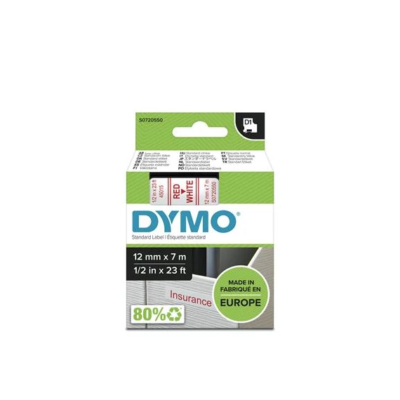 Feliratozógép szalag, 12 mm x 7 m, DYMO "D1", fehér-piros