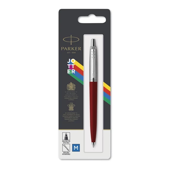 Golyóstoll, 0,7 mm, ezüst színű klip, piros tolltest, PARKER "Royal Jotter Originals", kék