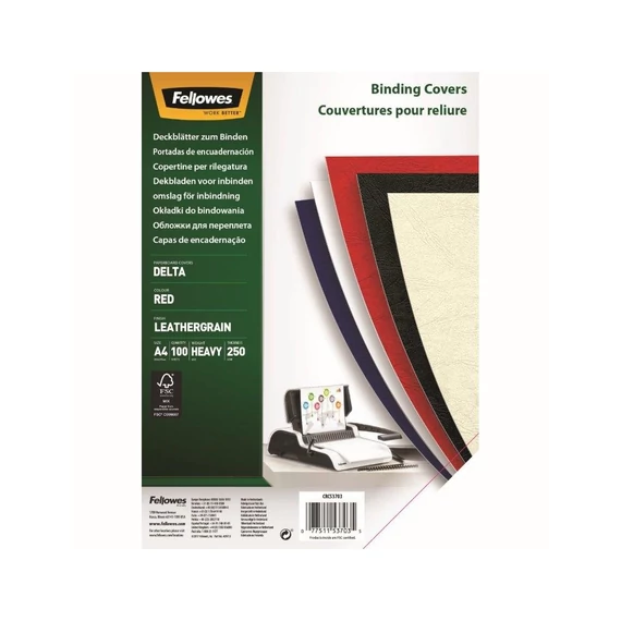 Hátlap, A4, 250 g, matt, FELLOWES "Delta", piros, 100 db