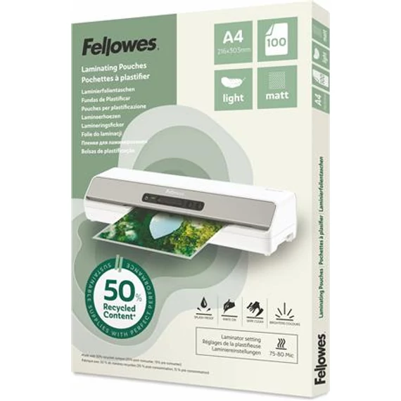 Meleglamináló fólia, 80 mikron, A4, matt, 100 db, FELLOWES 