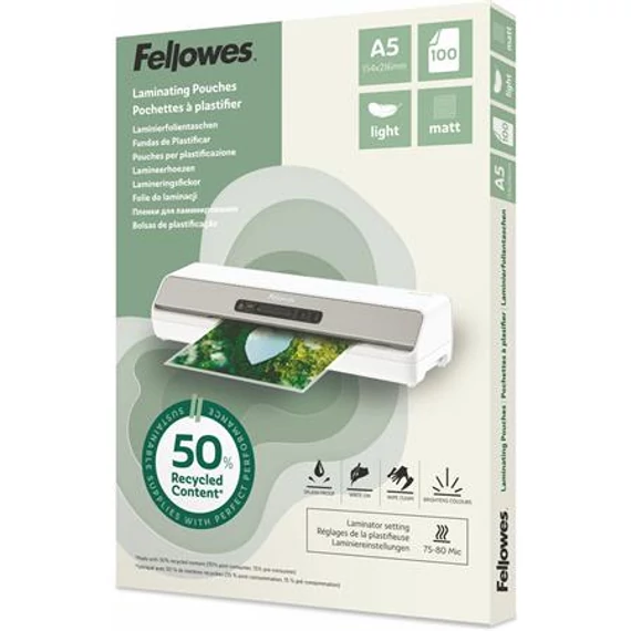 Meleglamináló fólia, 80 mikron, A5, matt, 100 db, FELLOWES 