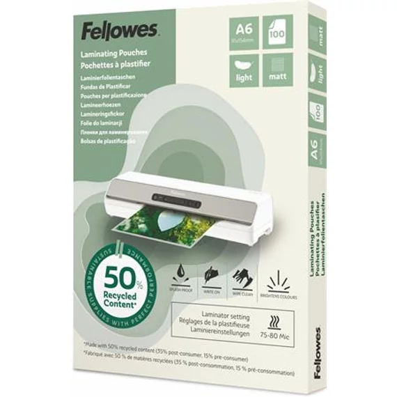 Meleglamináló fólia, 80 mikron, A6, matt, 100 db, FELLOWES 