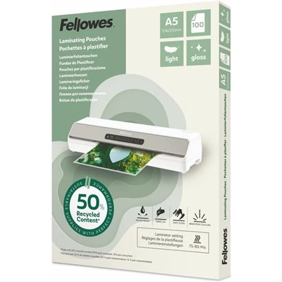 Meleglamináló fólia, 80 mikron, A5, fényes, 100 db, FELLOWES 
