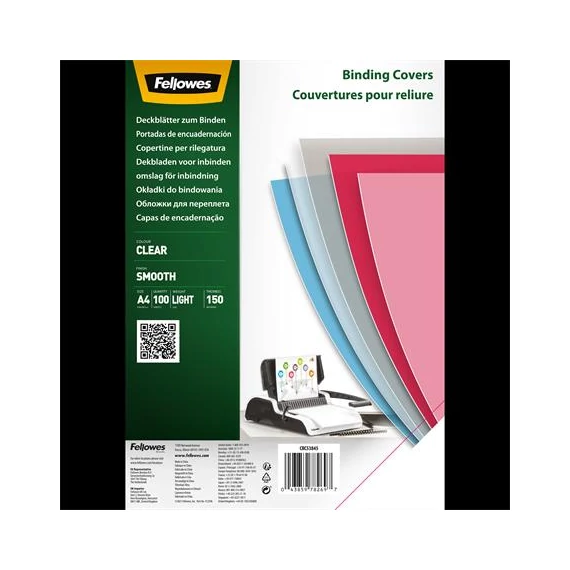 Előlap, A4, 150mikron, PET, FELLOWES, víztiszta, 100db/cs