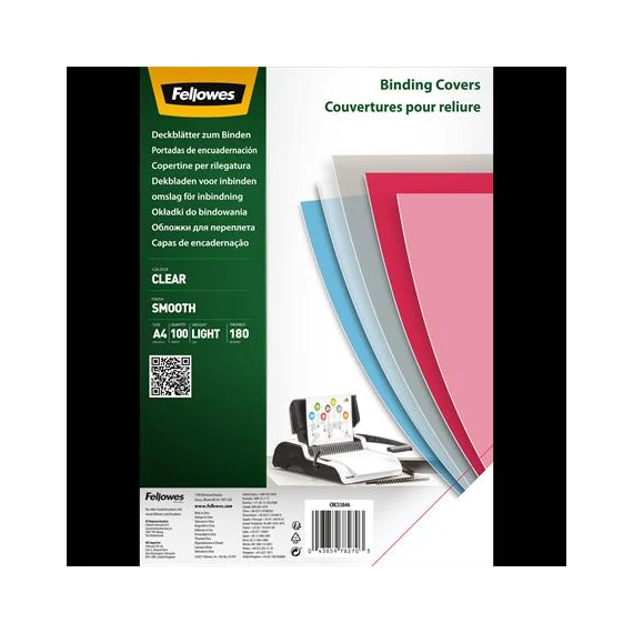 Előlap, A4, 180mikron, PET, FELLOWES, víztiszta, 100db/cs