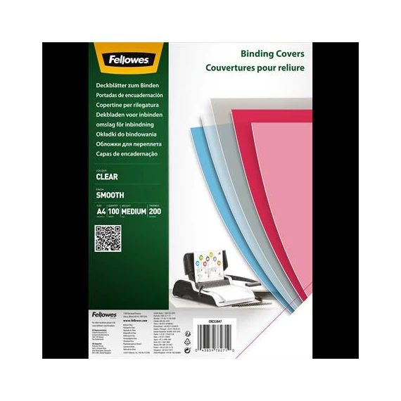 Előlap, A4, 200mikron, PET, FELLOWES, víztiszta, 100db/cs