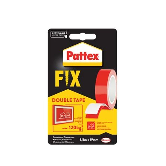 Ragasztószalag, kétoldalas, 19 mm x 1,5 m, HENKEL "Pattex Fix 120 kg", piros