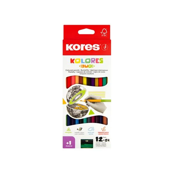 Színes ceruza készlet, kétvégű, háromszögletű, KORES 