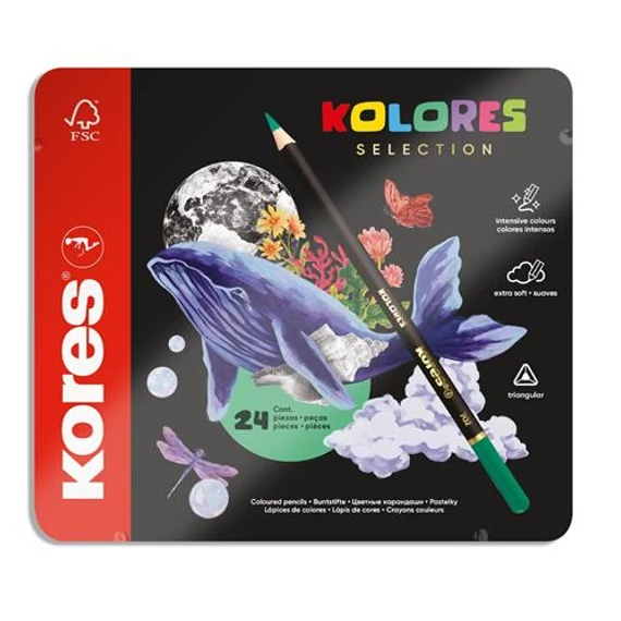 Színes ceruza készlet, háromszögletű, fém doboz, KORES 