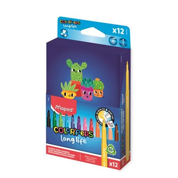 Filctoll készlet, 3,7 mm, kimosható, dobozos, MAPED „Color`Peps Long Life 2”, 12 különböző szín
