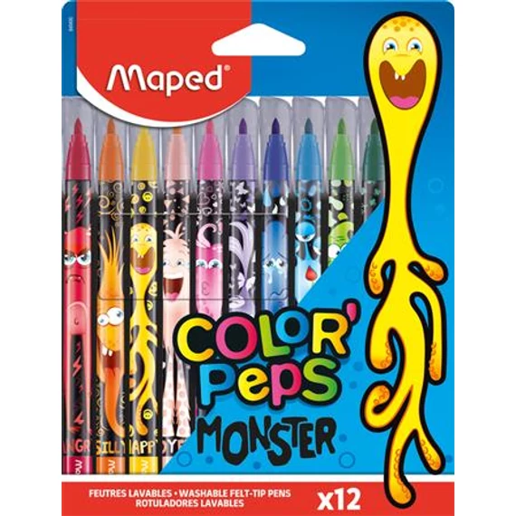 Filctoll készlet, 2,8 mm, kimosható, MAPED "Color`Peps Monster" 12 különböző szín