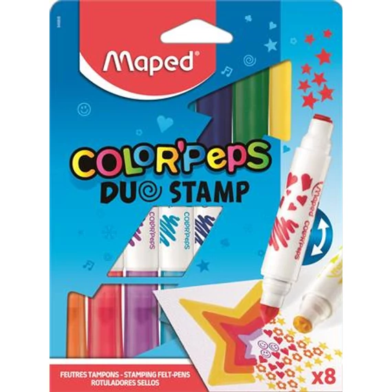 Filctoll készlet, 7,5 mm, kétvégű, MAPED "Color`Peps Duo Stamp" 8 különböző szín és minta