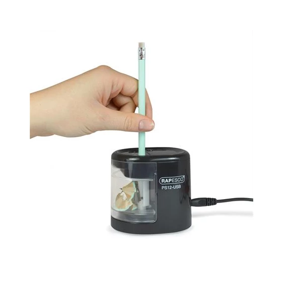 Hegyező, kétlyukú, asztali, elemes, USB töltővel, RAPESCO