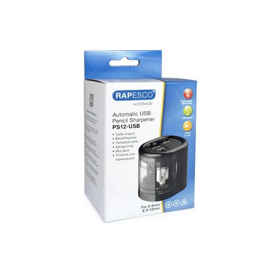 Hegyező, kétlyukú, asztali, elemes, USB töltővel, RAPESCO