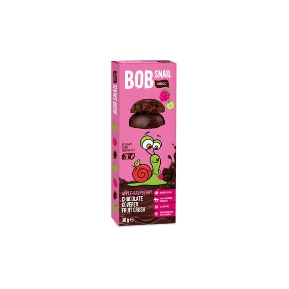 Gyümölcs snack, 30 g, BOB SNAIL, alma-málna étcsokoládéban