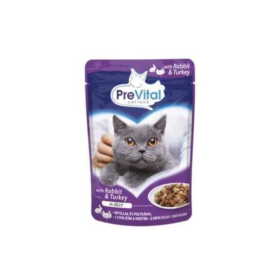 Macskaeledel, alutasakos, felnőtt macskáknak, 100 g, PREVITAL, nyúl és pulyka aszpikban