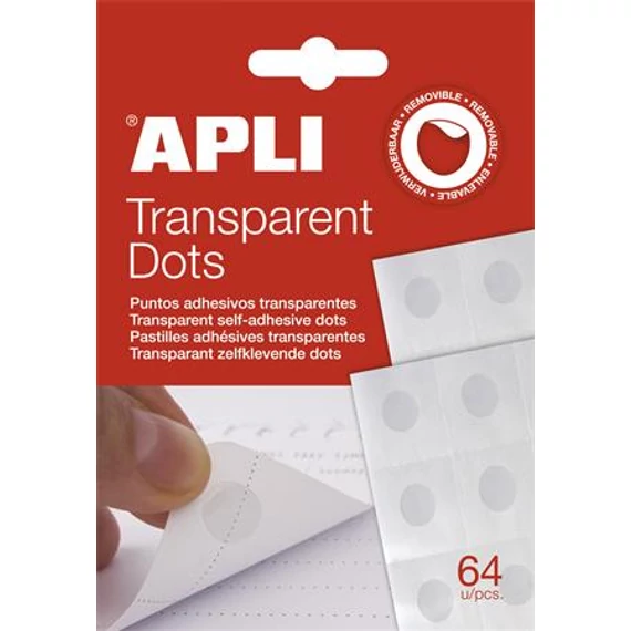 Ragasztókorong, eltávolítható, APLI "Transparent Dots", átlátszó, 64db/bliszt