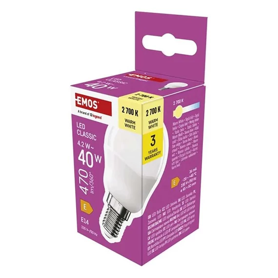 LED izzó EMOS E14 kisgömb 4,2W meleg fény 2700K