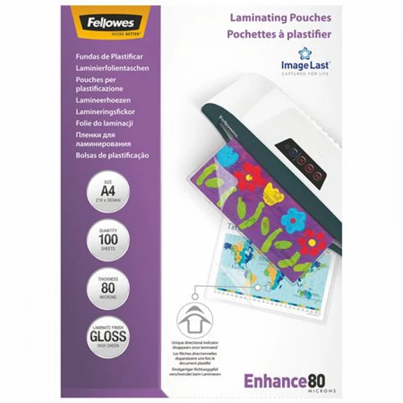 Meleglamináló fólia, 80 mikron, A4, fényes, 100 db, FELLOWES