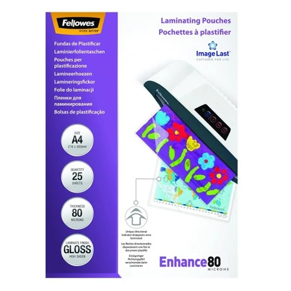 Meleglamináló fólia, 80 mikron, A4, fényes, 25 db, FELLOWES