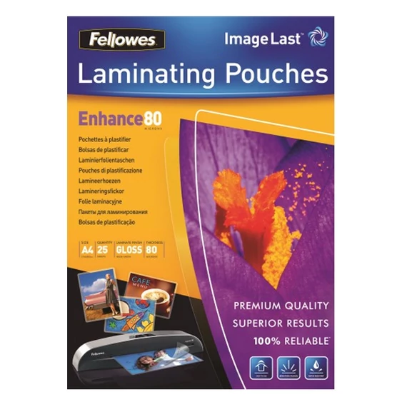 Meleglamináló fólia, 80 mikron, A4, fényes, 25 db, FELLOWES