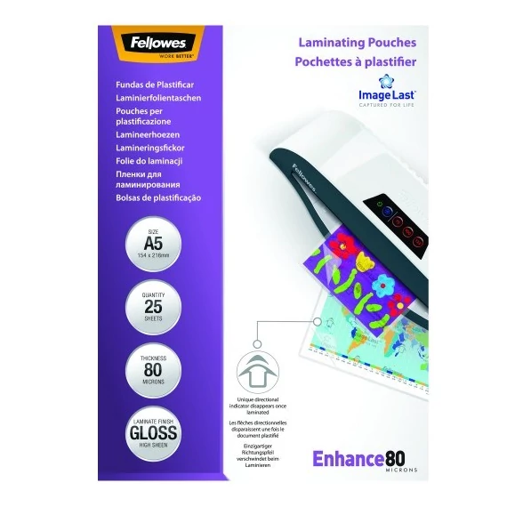 Meleglamináló fólia, 80 mikron, A5, fényes, 25 db, FELLOWES