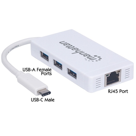 Manhattan Kábel átalakító - Type-C to 3db USB3.0 és RJ45 (10/100/1000, Fehér)