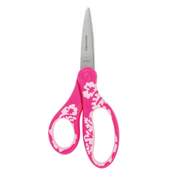 Olló, iskolai, 15 cm, FISKARS "Softgrip", rózsaszín, virág motívummal