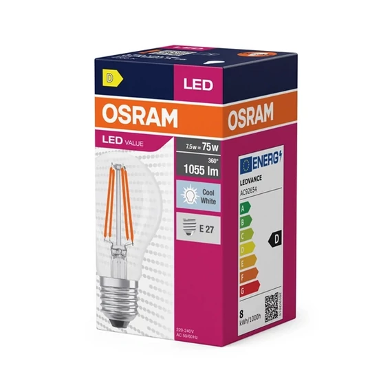 Osram Value átlátszó üveg búra/7,5W/1055lm/4000K/E27 LED körte izzó