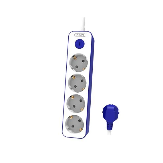 Elosztósor, 4 csatlakozóaljzat, 1,5 m kábel, PHILIPS, fehér-kék