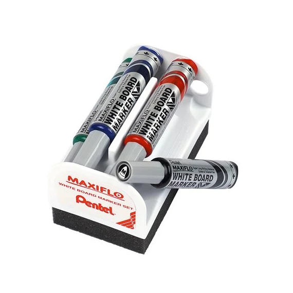 Táblamarker+törlő készlet 2,5mm, kerek hegyű, Maxiflo Pentel, 4 klf. szín