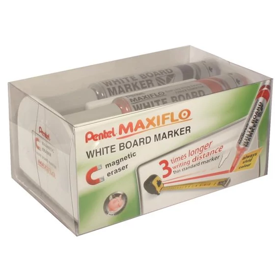 Táblamarker+törlő készlet 2,5mm, kerek hegyű, Maxiflo Pentel, 4 klf. szín