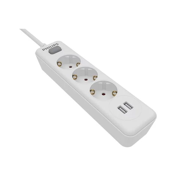 Elosztósor, 3 csatlakozóaljzat, 2xUSB-A, 2 m kábel, PHILIPS, fehér