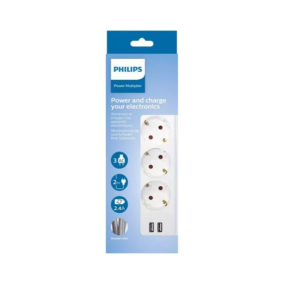 Elosztósor, 3 csatlakozóaljzat, 2xUSB-A, 2 m kábel, PHILIPS, fehér