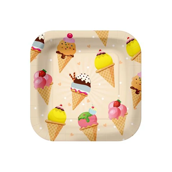 Tányér, papír, 23 cm, fagyi minta