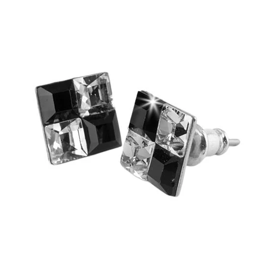 Fülbevaló, négyzet, fekete-fehér SWAROVSKI® kristállyal, 8 mm, ART CRYSTELLA®