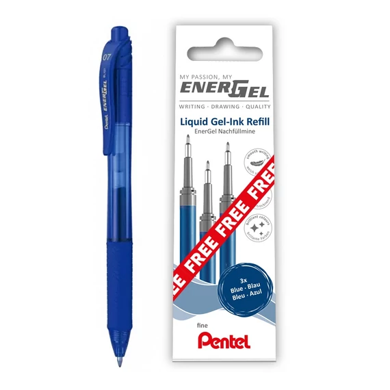 Tollbetét 3db/csomag golyóátmérő 0,7 mm, Pentel EnerGel, írásszín kék + 1 db ajándék BL107-CX kék EnerGel toll