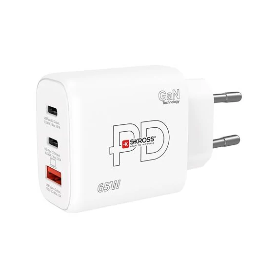 Hálózati töltő, 1xUSB-A, 2xUSB-C, PD, 65W, GaN, SKROSS