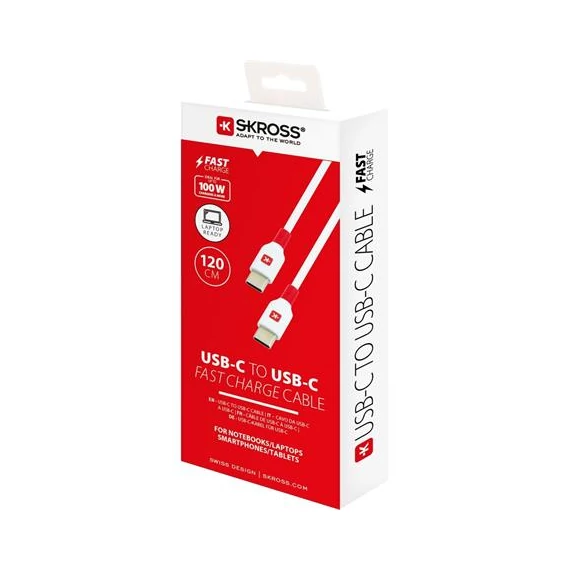 Töltőkábel, USB-C/USB-C, gyorstöltés, 1,2m, SKROSS, fehér
