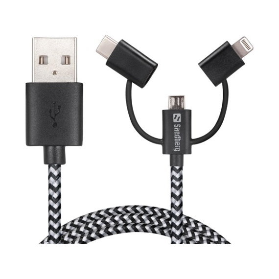 Sandberg Kábel Átalakító - USB to 3in1 Lightning+MicroUSB+USB-C (1m; harisnyázott, szürke)