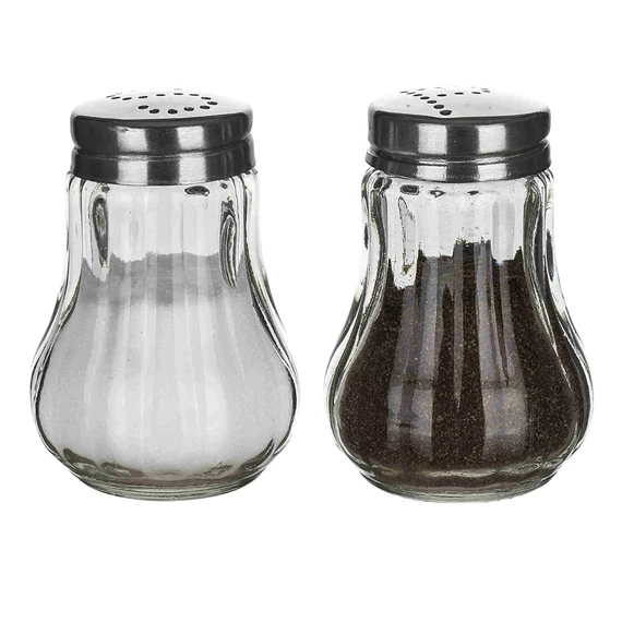Asztali só-, borsszóró készlet, üveg és inox, 2 db, 7 cm 