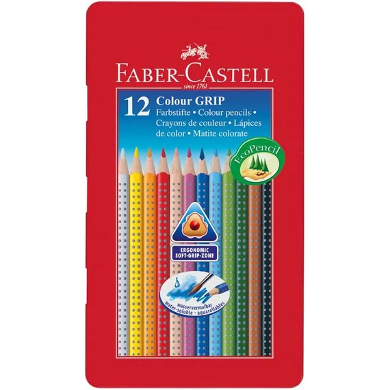 Színes ceruza FABER-CASTELL Grip háromszögletű fémdobozos 12db/készlet