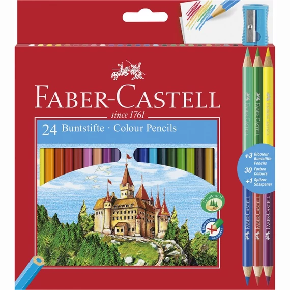 Színes ceruza FABER-CASTELL hatszögletű 24db/készlet+ 3db kétvégű színes ceruza