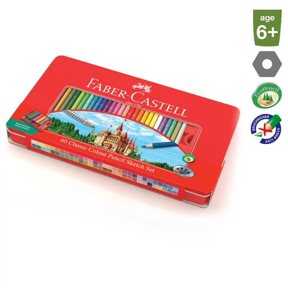 Színes ceruza FABER-CASTELL hatszögletű fémdobozos 60db/készlet+kiegészítők